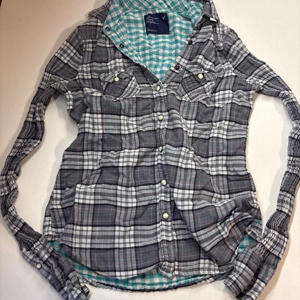 American-eagle Women's Grey and Blue Flannel Size 4 Y2K